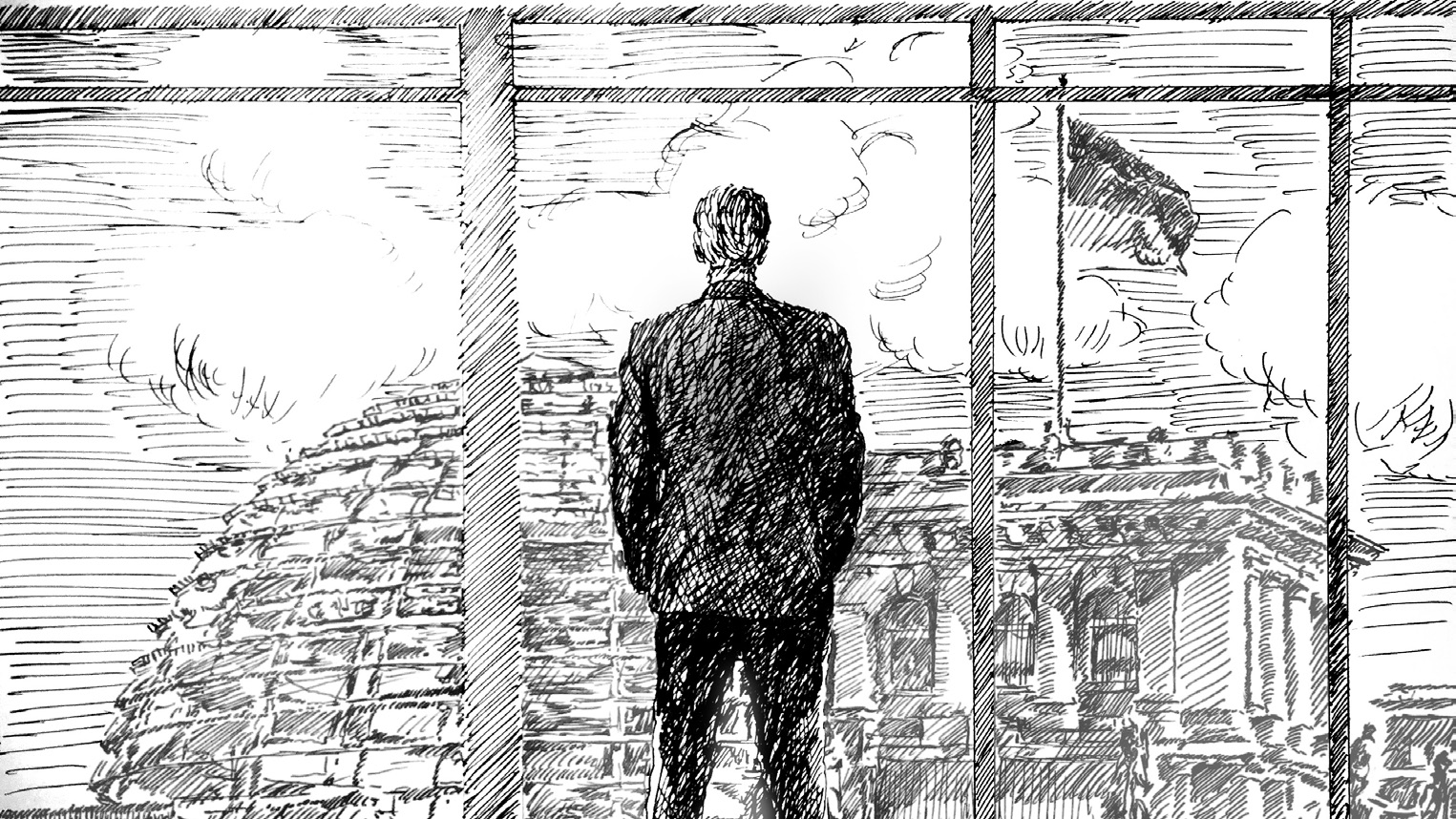 Eine Person steht mit dem Rücken zum Betrachtenden und blickt durch eine Fensterfront auf die Kuppel des Reichstagsgebäudes.