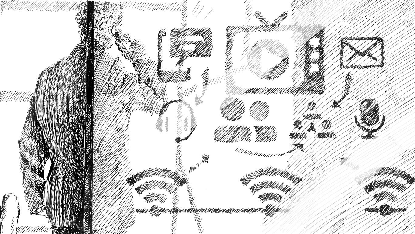 Eine Person telefoniert hinter einer Glaswand mit digitalen Symbolen.