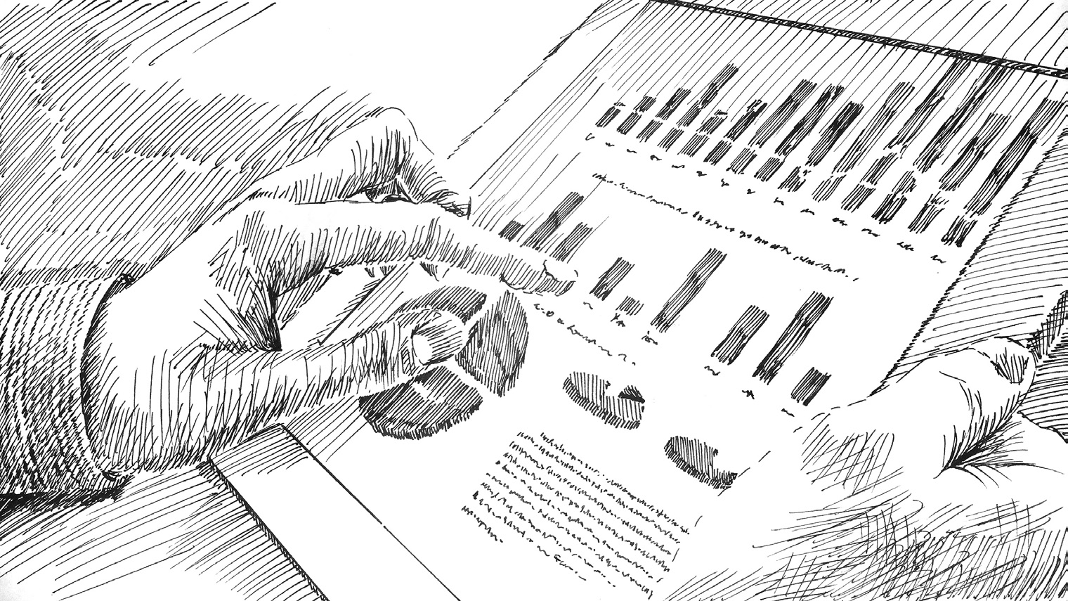 A person looks at data and graphs on a tablet.