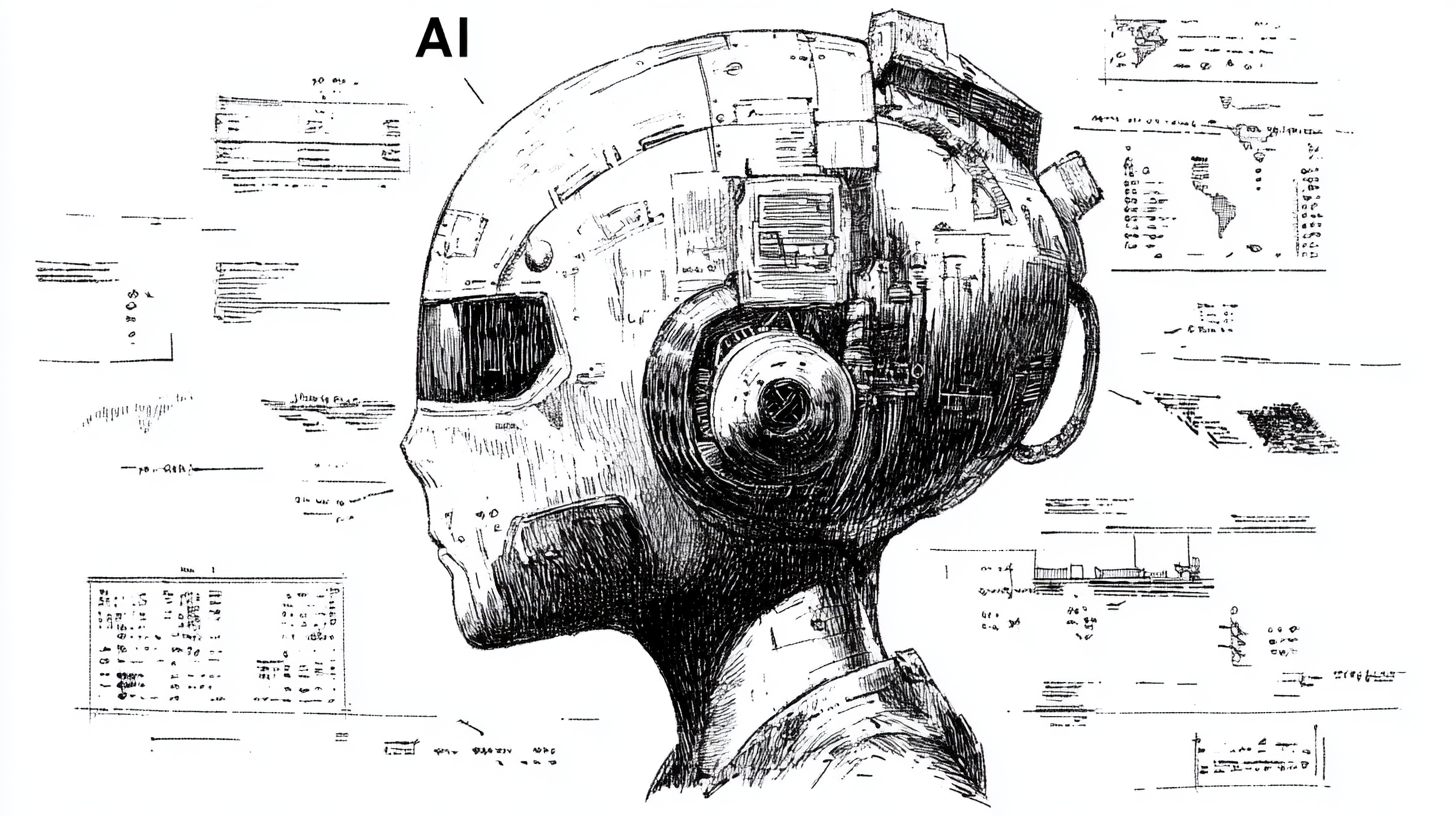 Roboterkopf, im Hintergrund verschiedene Grafiken und Listen