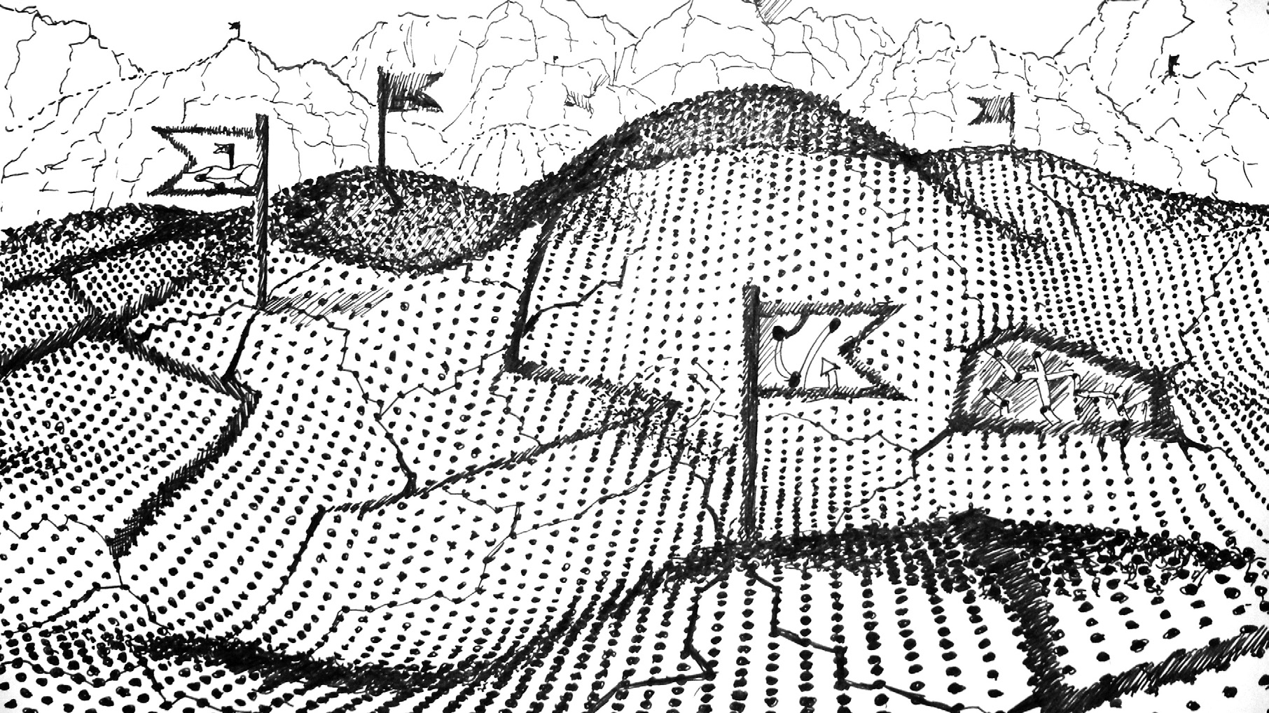 Hügelige Landschaft, in der mit Fähnchen Punkte abgesteckt sind