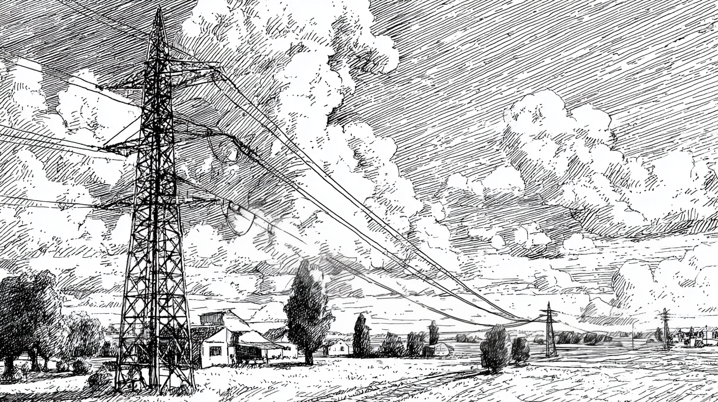 A power line with several high-voltage pylons runs through a flat, rural landscape.