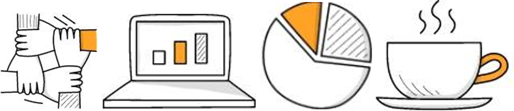 Verschiedene Icons (Hände, Laptop, Kreisdiagramm, Kaffetasse)