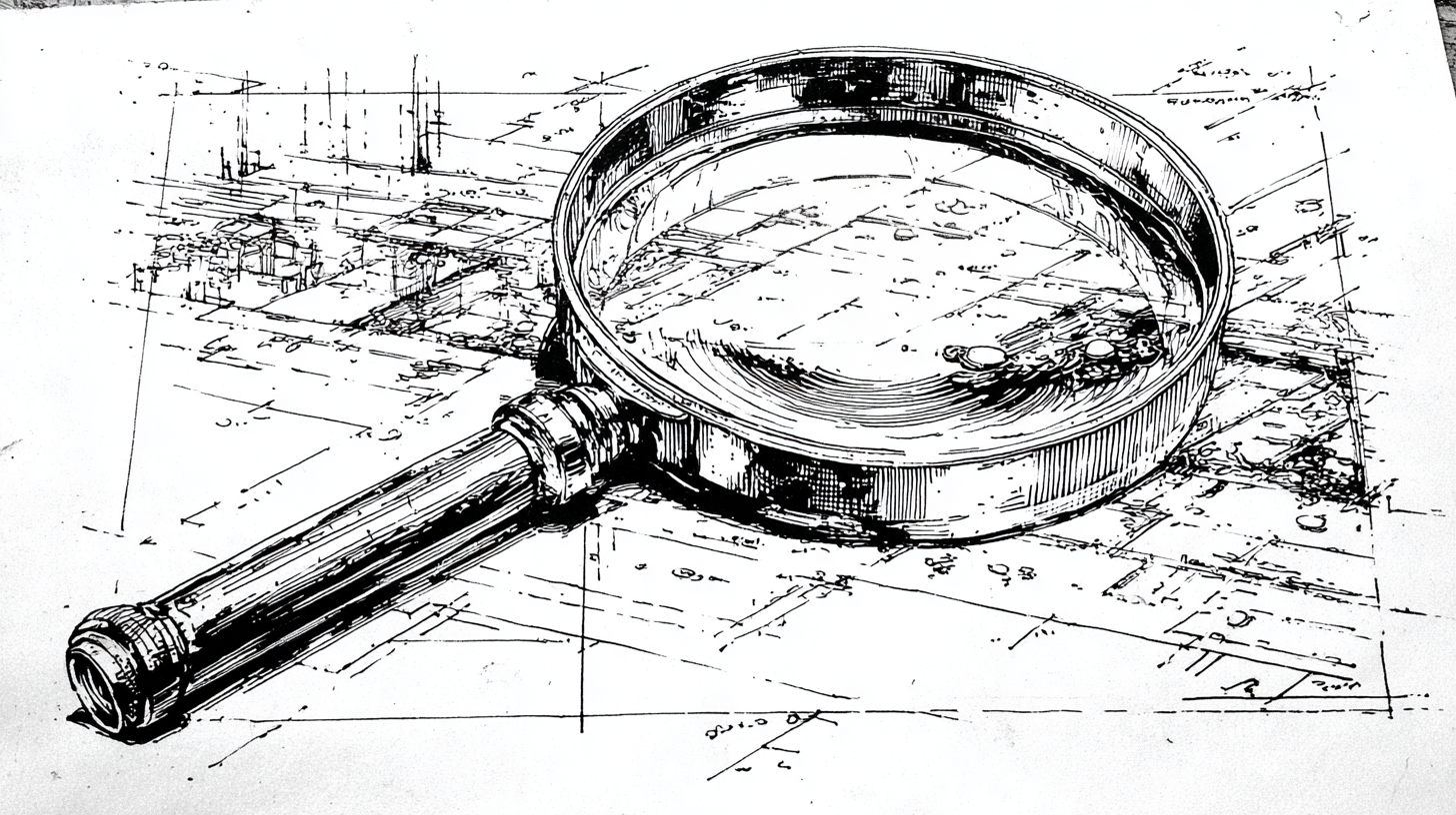 A magnifying glass rests on a document covered in incomprehensible hatching