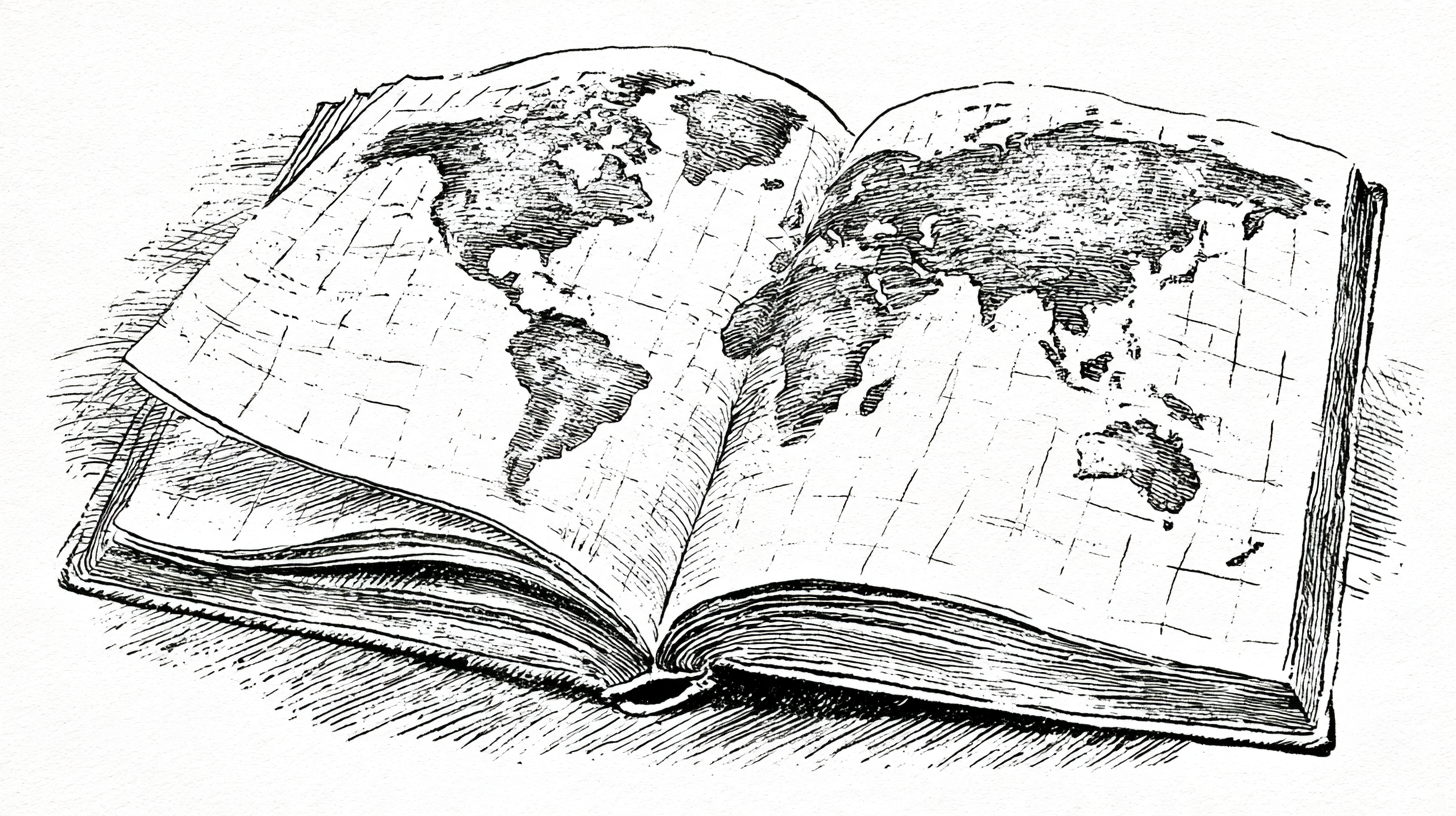 An open book showing a map of the world