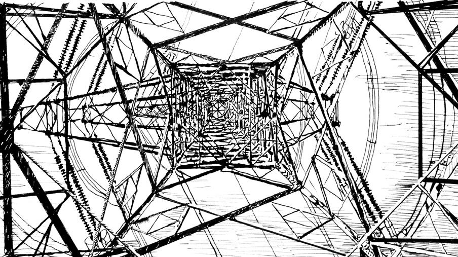 Looking up an electricity pylon from below