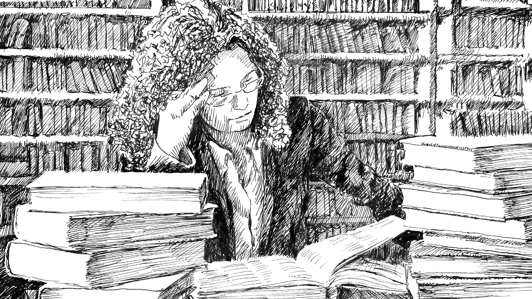 Eine Frau liest recherchiert in einer Bibliothek.